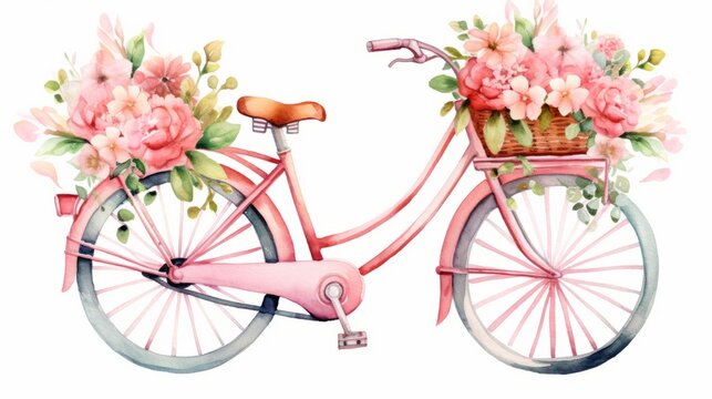 Watercolor vintage bicycle with flowers. Hand painted illustration isolated on white background Generative AI
