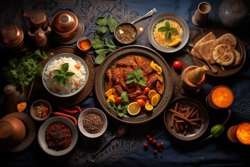 Flat-lay of family celebrating over rustic table with  chops, quince, green bean, vegetable salad, pumpkin dessert, lemonade, top view. Middle East cuisine. Food background