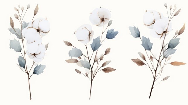 Watercolor cotton flowers set isolated on white background. Hand drawn illustration. Generative AI