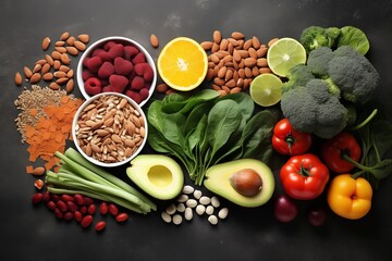 Healthy food from fruit, vegetable, seeds, superfood, cereal, leaf vegetable on gray background