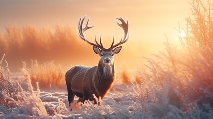 a deer with large antlers standing in a snowy field