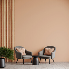 Peach fuzz trend color year 2024 in the premium livingroom. Painted mockup wall for art - peach pastel apricot warm colour. Modern room design interior lounge. Accent premium gray chairs. 3d render 