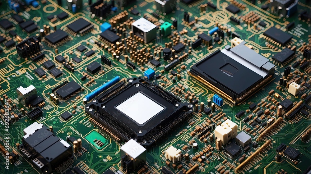 Poster delve into the heart of a computer with this detailed image of a motherboard and cpu. the intricate 