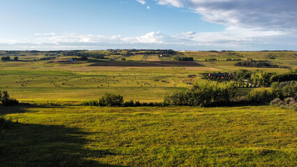 Countryside landscapes. Green meadows, blue sky, cultivated fields, vegetable garden, tall grass