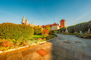 Wawel castle famous landmark in Krakow Poland. Landscape on coast river Wis - obrazy, fototapety, plakaty