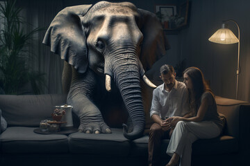 A couple sitting on the couch talking with an elephant in the room with them, depicting the concept of not addressing the elephant in the room - obrazy, fototapety, plakaty