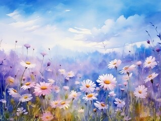 Fototapeta na wymiar Summer field with daisies and blue sky. Digital painting. Generative AI
