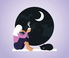 Young cute girl with cat sitting on the windowsill at hight, drinks tea or coffee and looking through window at the moon. Relaxation, thinking, meditating concept. Flart cartoon vector illustration - obrazy, fototapety, plakaty