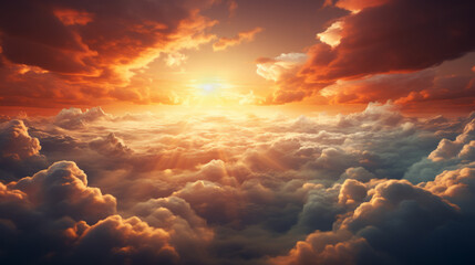 Beautiful sunset sky above clouds with dramatic light.  - obrazy, fototapety, plakaty