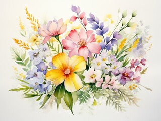 Beautiful bouquet of spring flowers in watercolor style. illustration. Generative AI