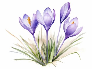 Beautiful vector image with nice watercolor hand drawn crocus flowers Generative AI - obrazy, fototapety, plakaty