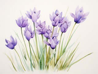 Violet iris flowers on white background. Watercolor illustration. Generative AI