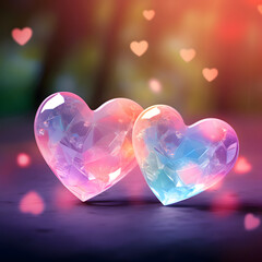 Cute rainbow hearts in a fairy landscape - Love background design - obrazy, fototapety, plakaty
