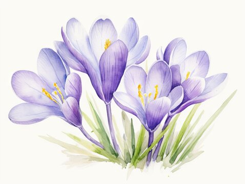 Watercolor crocus flowers on white background. Hand drawn illustration. Generative AI