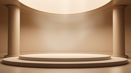 Elegant abstract 3D room with realistic beige and white cylindrical base. Minimal scene for trade show presentation, geometric design.