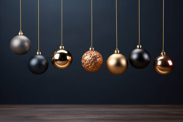New Year's balls black, gold and silver color, confetti on a dark background. copy space