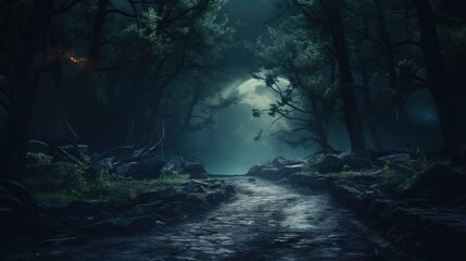 Fototapeta na wymiar Night forest with trees and road forest wood fantasy background A dark,