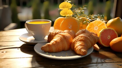 Breakfast with coffee, croissants and orange juice in garden - obrazy, fototapety, plakaty