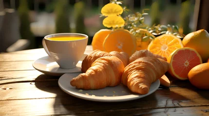 Poster Breakfast with coffee, croissants and orange juice in garden © Sumera