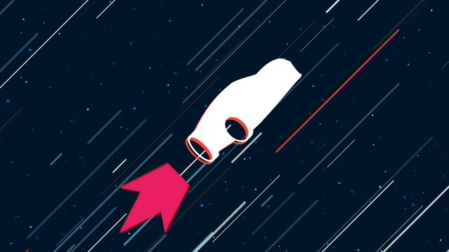 Sport car symbol flies through the universe on a jet propulsion. The symbol in the center is shaking due to high speed. Seamless looped 4k animation on dark blue background with stars