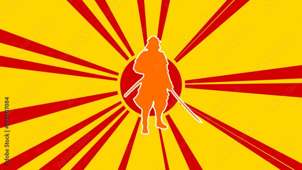 Poster samurai symbol on the background of animation from moving rays of the sun. large orange symbol incre
