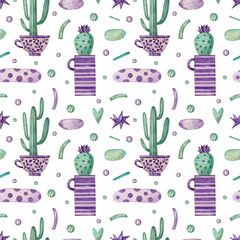 Seamless pattern with different cacti and elements in purple cups on a white background. Watercolor illustration. Flowers. Succulents. Natural. Print on fabric and paper. Wallpaper. Decorative. Art. 