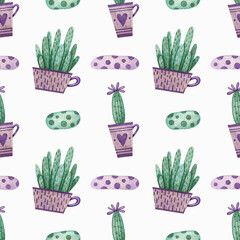 Seamless pattern with plants, cacti and clouds in purple cups on a white background. Watercolor illustration. Flowers. Succulents. Natural. Print on fabric and paper. Wallpaper. Decorative. Art. 
