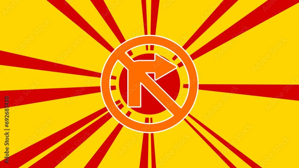 Poster no right turn sign on the background of animation from moving rays of the sun. large orange symbol i