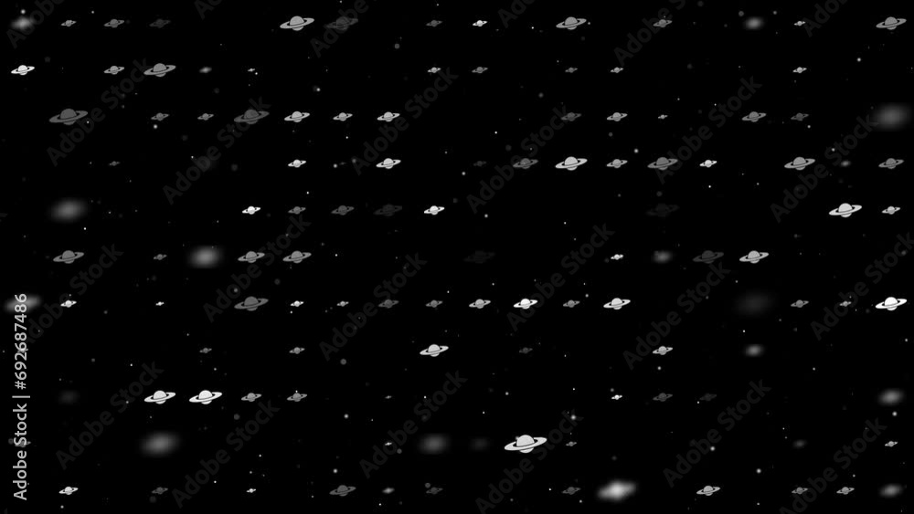Poster template animation of evenly spaced saturn symbols of different sizes and opacity. animation of tran