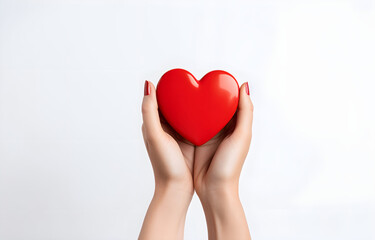 hand with red heart on white background