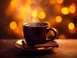 An Ai Generated image of a Mug of Hot  Mulled Wine on a Table wtih Spices and a Christmas Tree in the Background