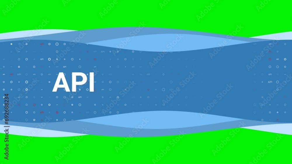 Poster animation of blue banner waves movement with white api symbol on the left. on the background there a