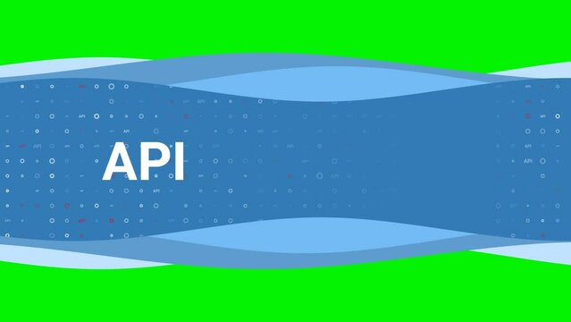 Animation of blue banner waves movement with white api symbol on the left. On the background there are small white shapes. Seamless looped 4k animation on chroma key background