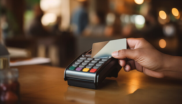 Close up view at hand hold credit card, touch a credit card reader on the counter inside the coffee shop. Cashless payment concept. 
