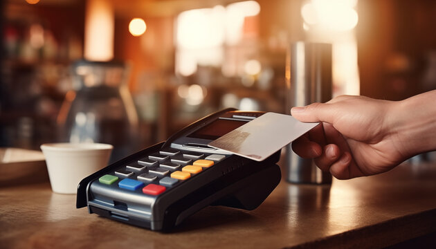Close up view at hand hold credit card, touch a credit card reader on the counter inside the coffee shop. Cashless payment concept. 