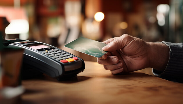 Close up view at hand hold credit card, touch a credit card reader on the counter inside the coffee shop. Cashless payment concept. 