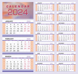 Calendar 2024. Wall quarterly calendar with week numbers. Week start from Monday. Ready for print, color - Black, Red, Peach, Purple. Vector