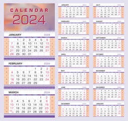 Calendar 2024. Wall quarterly calendar with week numbers. Week start from Sunday. Ready for print, color - Black, Red, Peach, Purple. Vector Illustration