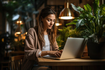 Young woman working on a laptop while sitting at a table