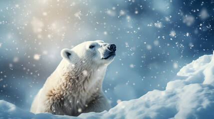 Polar bear in a snowy winter forest.