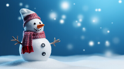 Cute knitted snowman in a hat and scarf on an isolated blue background with copyspace. Header for a website.