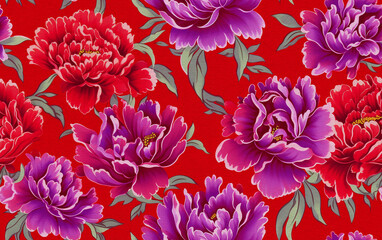 red flower pattern in Chinese style with watercolor paper texture
