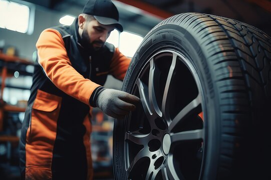 Hands only. Mechanic holding a tire at the repair garage. Replacement of winter and summer tires