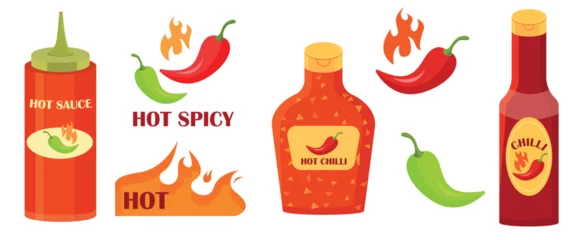 Fotobehang Hot chili peppers. Hot spicy level labels, vector icons chili pepper, cayenne or jalapeno. Extra, spicy, hot and mild strength of sauce or snack. Vector flat illustration © m_matvi