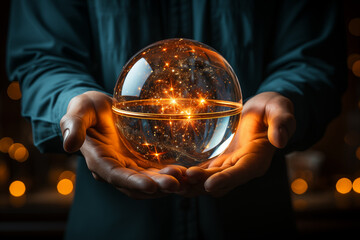 A person holding a crystal ball, symbolizing the ability to foresee innovative ideas in a minimalist setting - obrazy, fototapety, plakaty