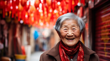A portrait of a happy Chinese old woman against a Chinese New Year backdrop standing in a quiet...