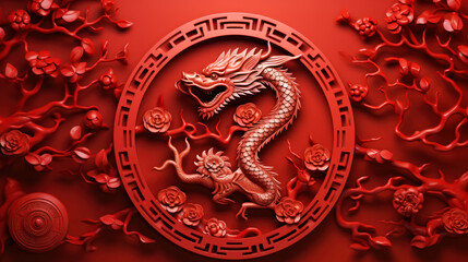 Crafted Chinese new year 2024 dragon art design on red color - obrazy, fototapety, plakaty