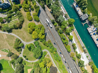 Top view of City of Zürich on a hot sunny summer day with public park and Limmat River. Photo...