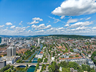 Aerial view of Swiss City of Zürich on a blue cloudy summer day. Photo taken July 20th, 2023, Zurich, Switzerland.