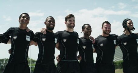Rugby players, team and unity for sports on field, smiling and ready for game with competition at stadium. People, athletes and fitness or exercise together, solidarity and collaboration or support